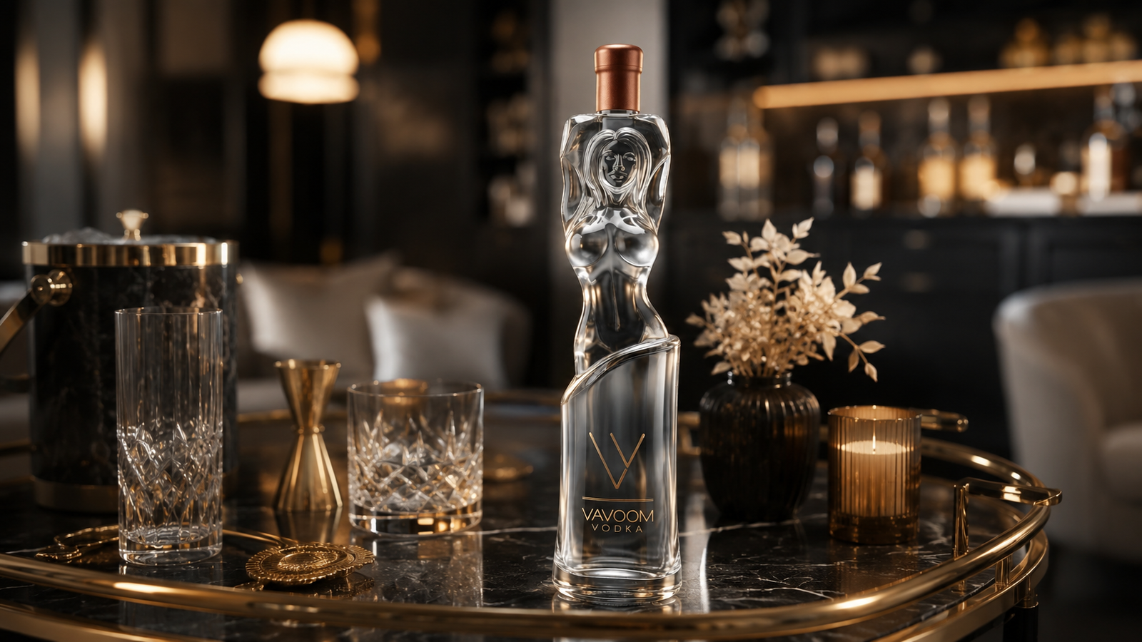 Vavoom Vodka displayed on a luxury home bar cart with gold accents