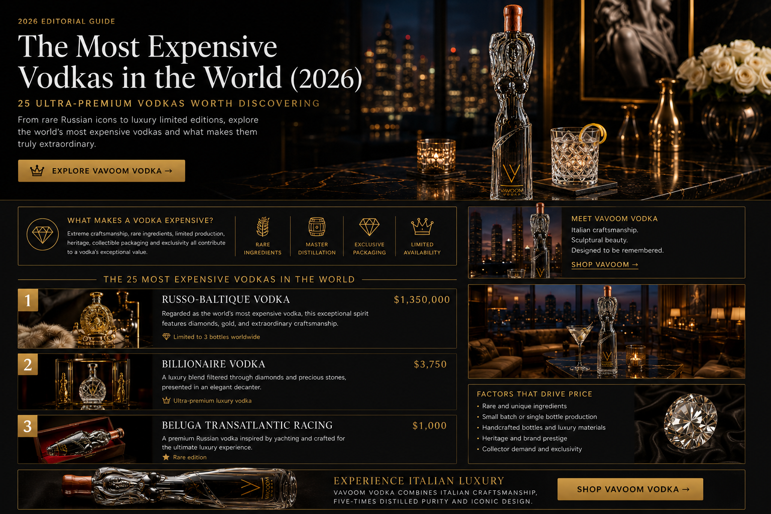 The most expensive vodkas in the world for 2026 featuring the sculptural Vavoom Vodka bottle in a black-and-gold luxury editorial guide.
