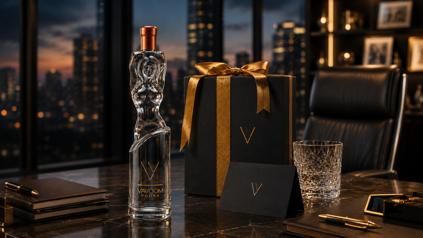 Vavoom Vodka luxury corporate gift with black and gold packaging on an executive office desk
