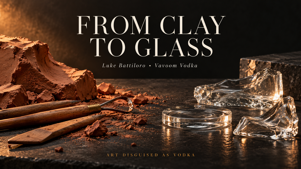 From Clay to Glass: Luke Battiloro and Vavoom Vodka, with terracotta clay, sculpting tools, and illuminated glass on a dark workbench.