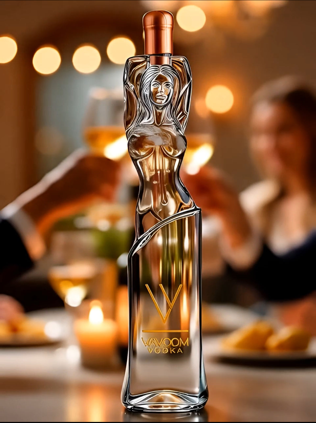 Vavoom Vodka: 18-inch tall sculptural glass bottle handcrafted in Milan, Italy. Voted most beautiful luxury vodka bottle of 2025