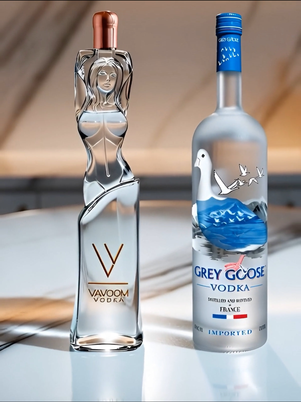Vavoom Vodka vs Grey Goose 2026 comparison showing the iconic sculptural Italian bottle next to Grey Goose bottle