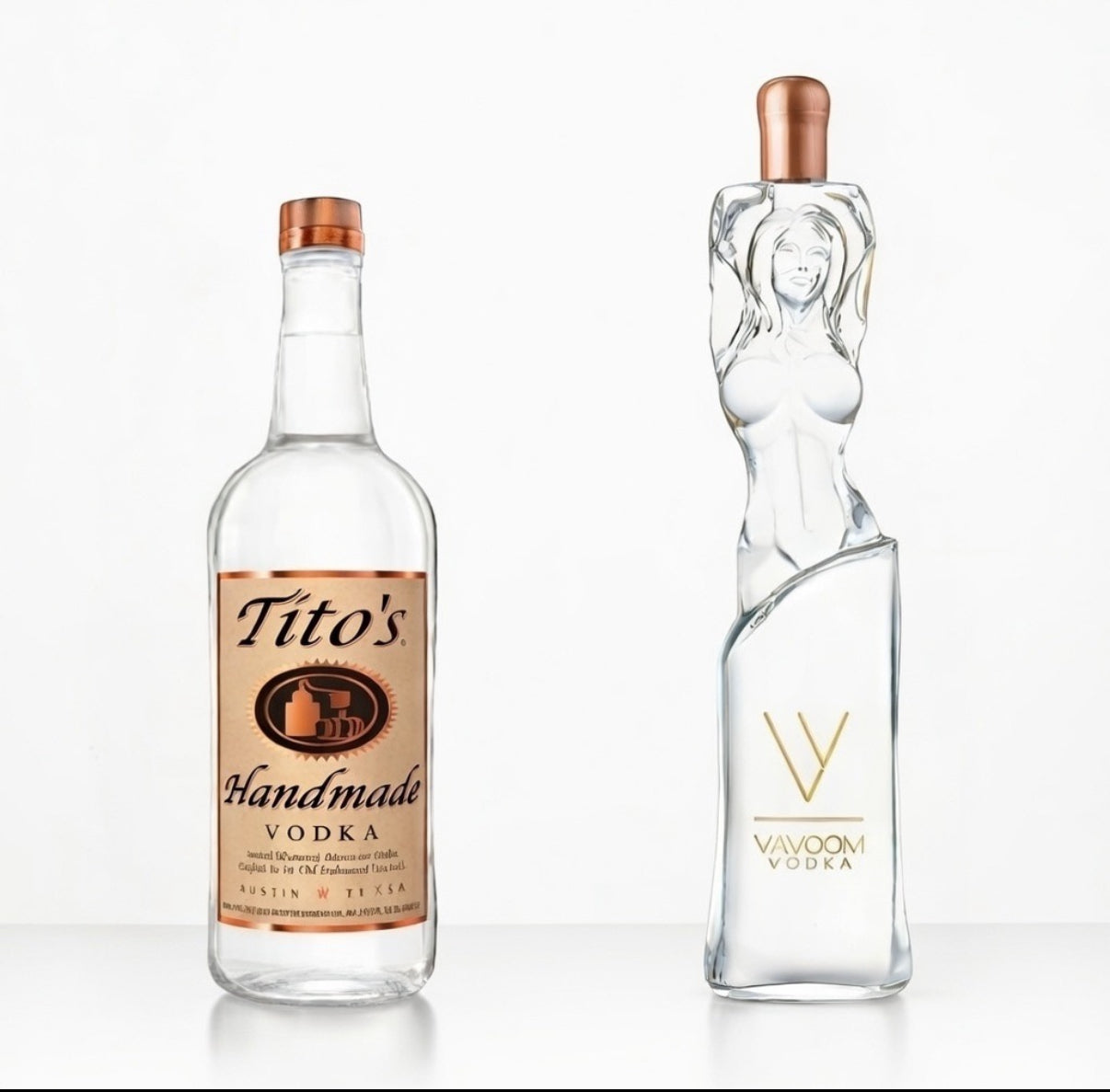 Vavoom Vodka vs Tito’s 2026 comparison showing the sculptural Italian bottle next to Tito’s bottle with luxury vodka branding