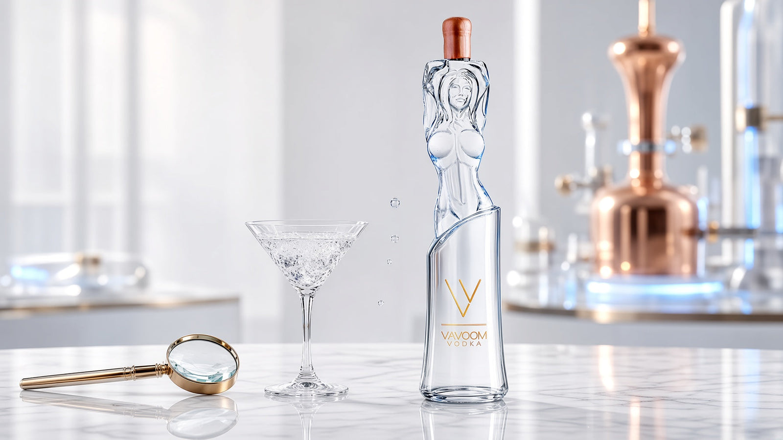 Vavoom Vodka bottle in a clean distillation-inspired setting for a guide to gluten-free vodka labels.