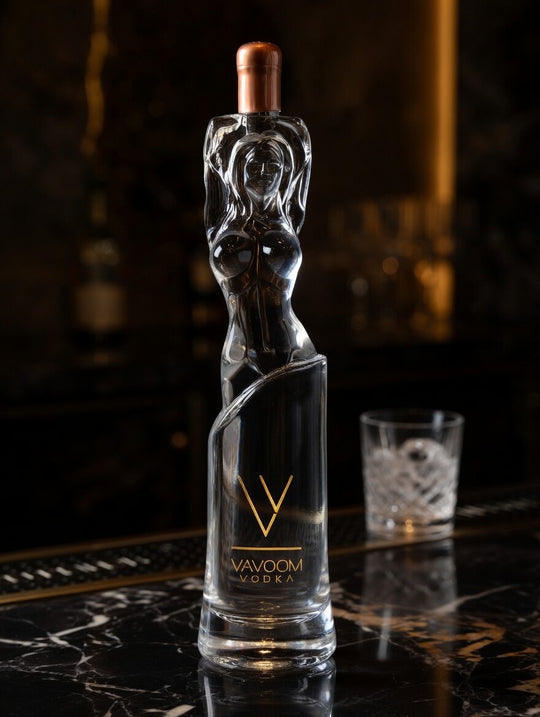 Vavoom Vodka bundle displayed on marble bar with warm lighting luxury vodka for home bar and gifting