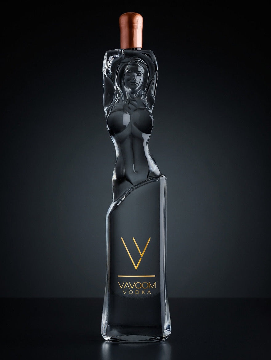 Vavoom Vodka premium Italian luxury bottle with gold logo in dramatic high contrast lighting