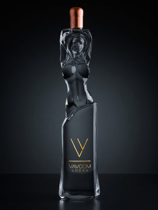 Vavoom Vodka premium Italian luxury bottle with gold logo in dramatic high contrast lighting