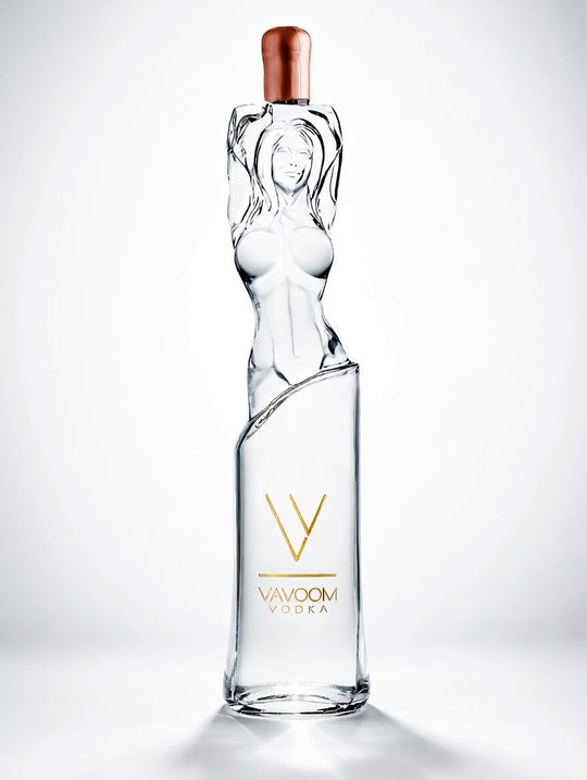 Vavoom Vodka premium Italian sculptural glass bottle with gold logo on clean white background