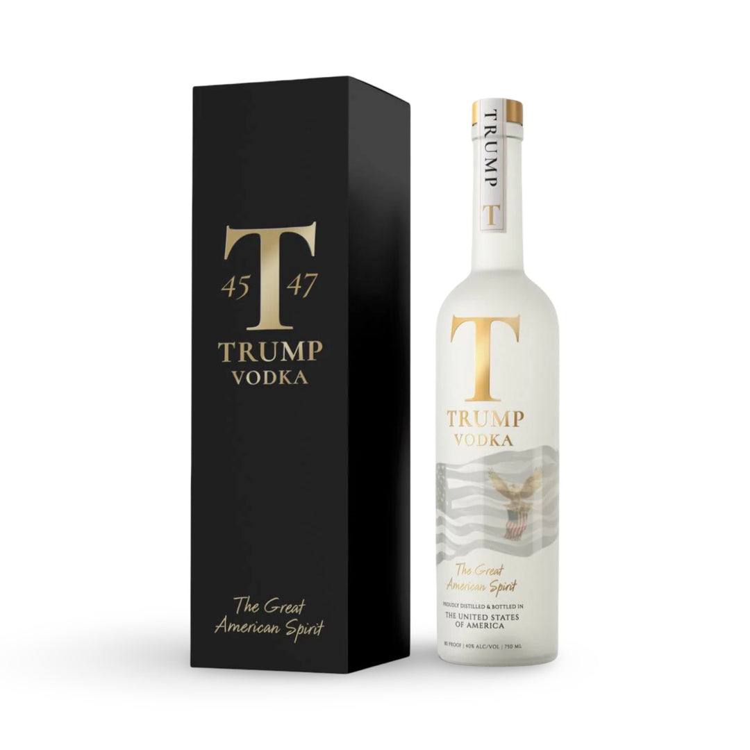 Trump Vodka 45–47 Commemorative First Run bottle with black-and-gold presentation box