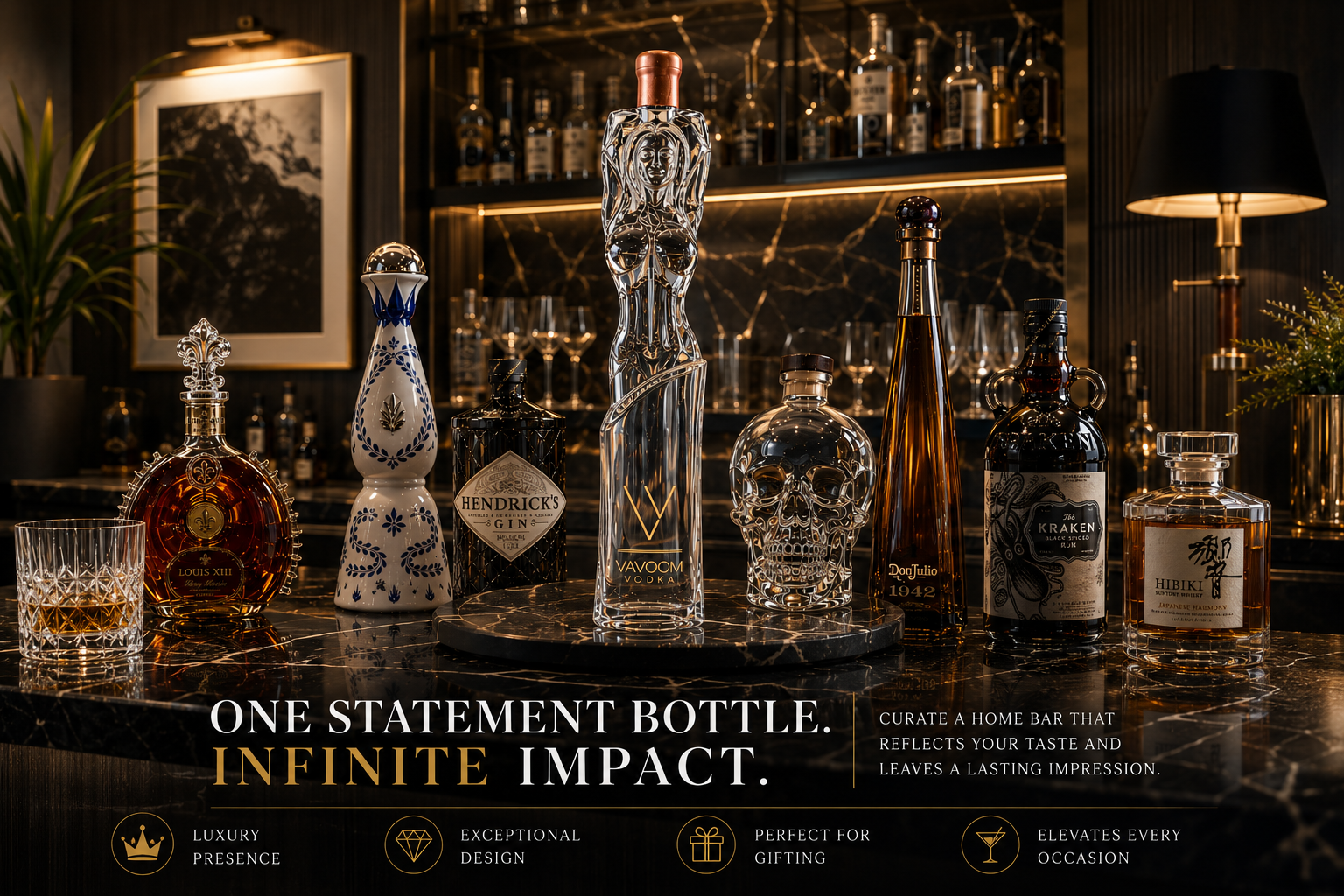 Vavoom Vodka displayed as the centerpiece of a luxury home bar surrounded by collectible liquor bottles, crystal glassware and warm accent lighting.