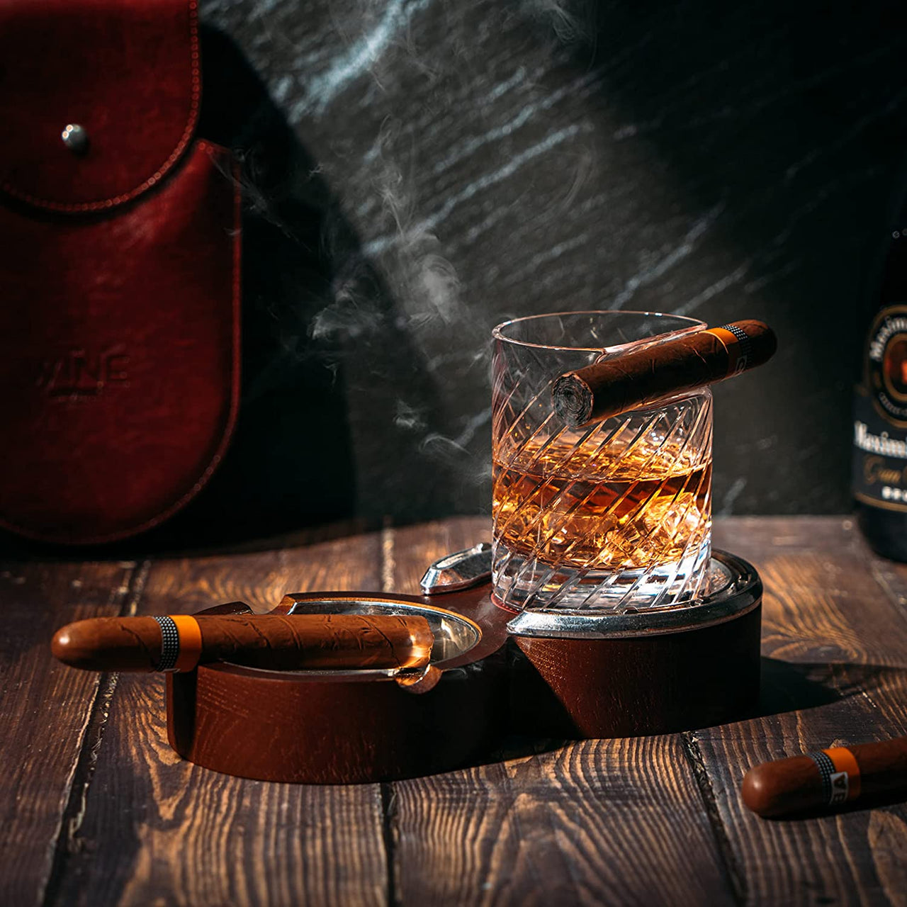 Horseshoe Cigar Coaster & Ashtray with A Crystal Whiskey Cigar